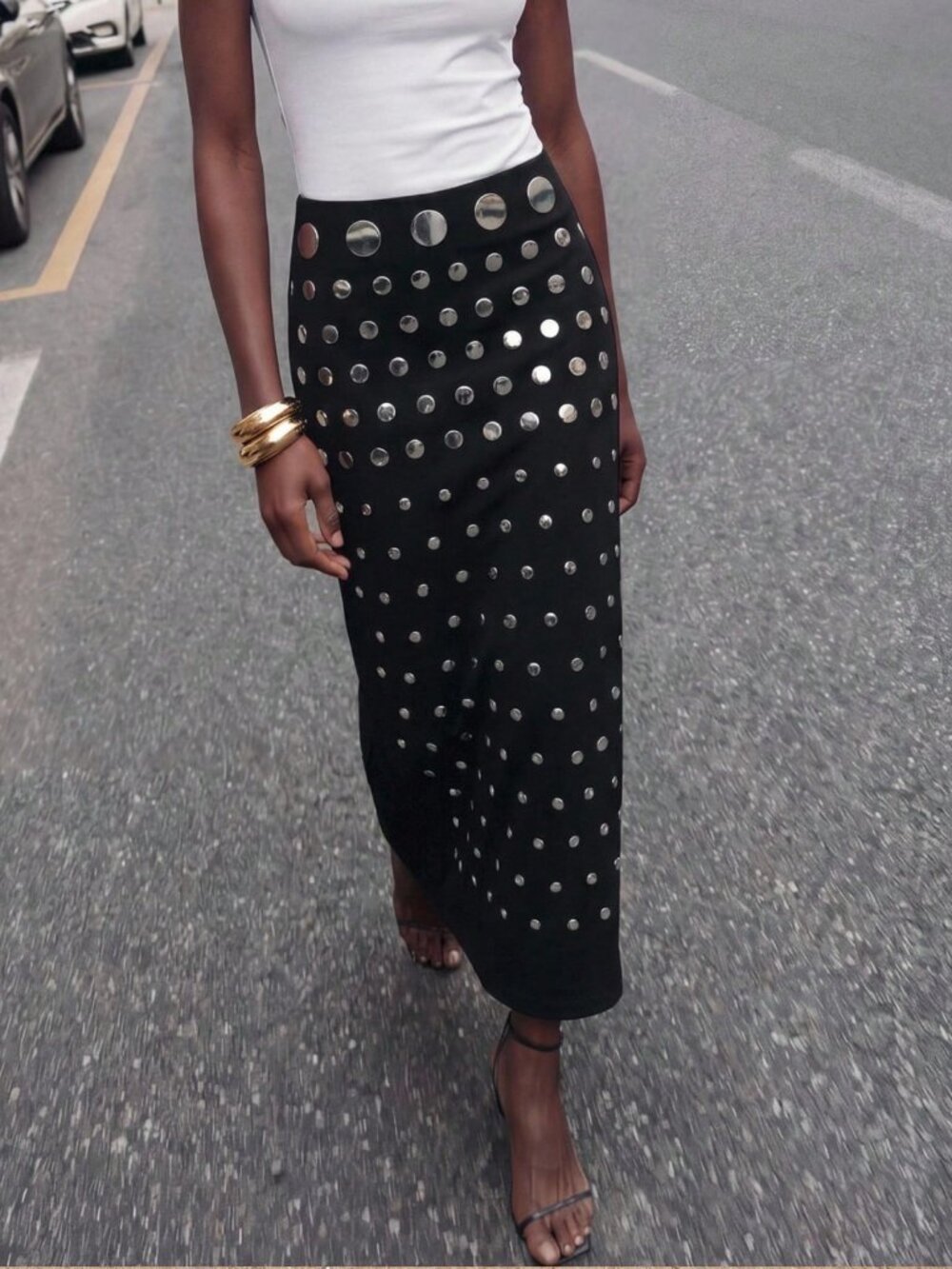 Black Elegant Studded Women's Straight Skirt
